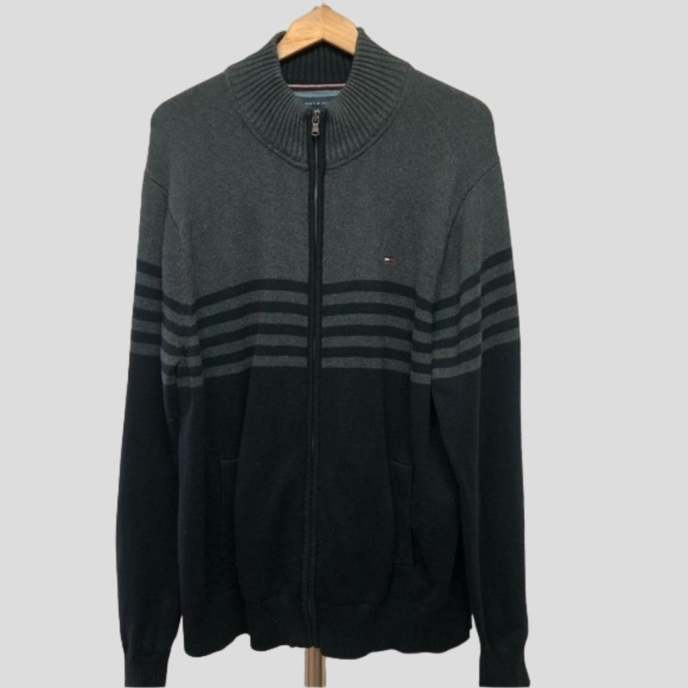 NWOT Tommy Hilfiger Black & Grey Knit Zip Up Sweater Size 2XL